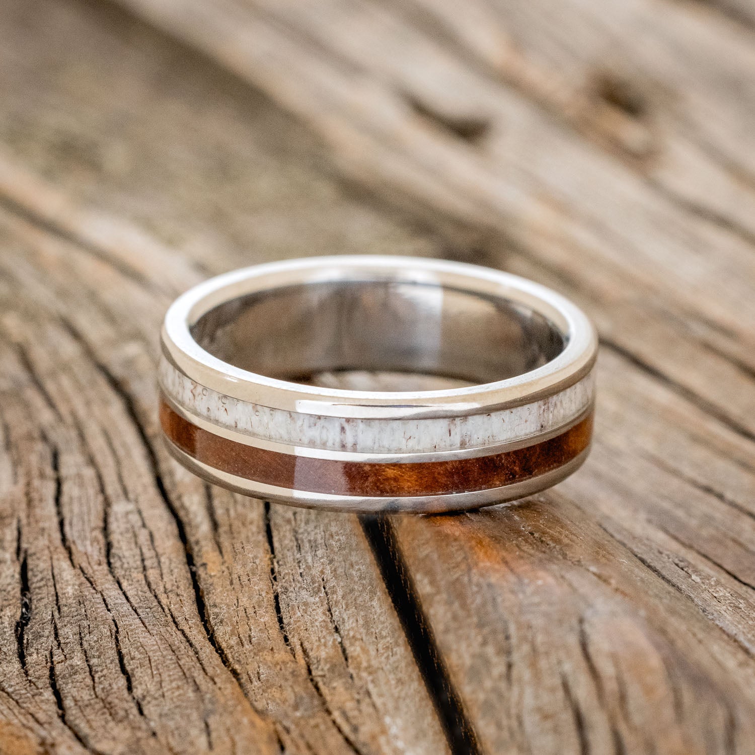 "DYAD" - MATCHING SET OF ANTLER & REDWOOD WEDDING BANDS-7