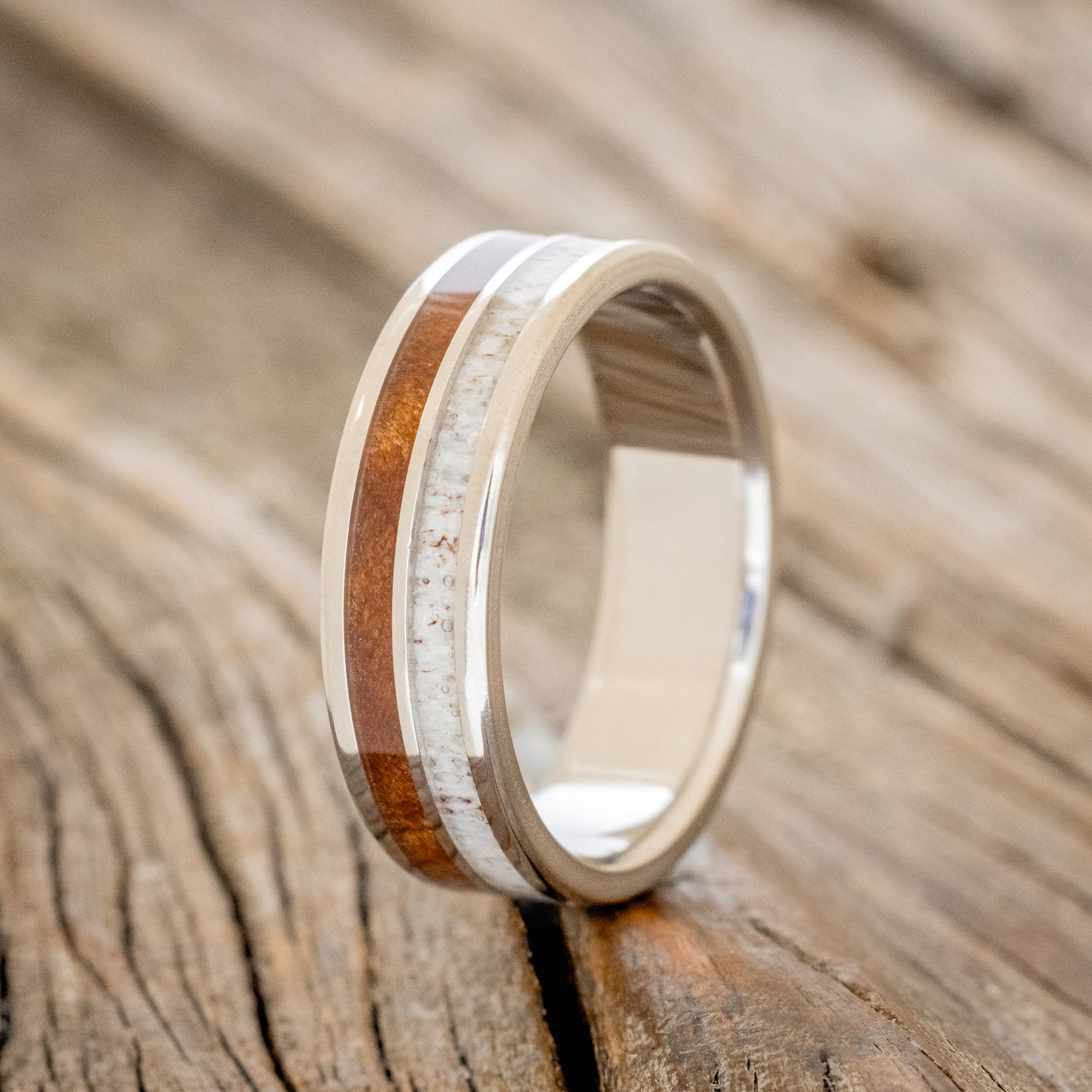"DYAD" - MATCHING SET OF ANTLER & REDWOOD WEDDING BANDS-5