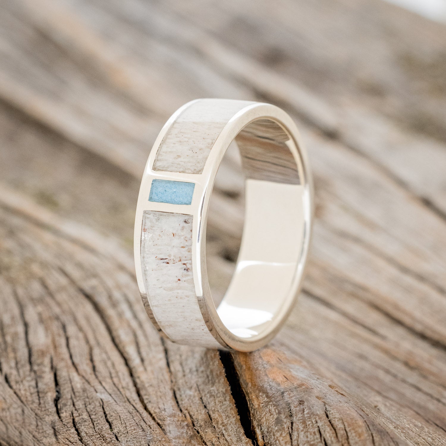 "CASPIAN" - MATCHING SET OF ANTLER & TURQUOISE WEDDING BANDS-2