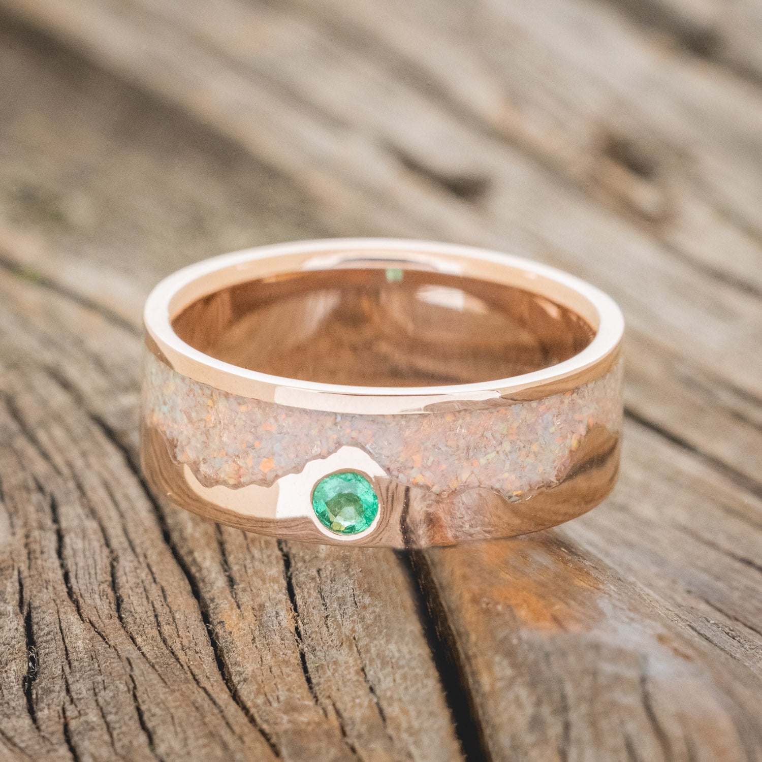 "HELIOS" - FIRE AND ICE OPAL & GOLD MOUNTAIN RANGE WEDDING RING FEATURING A LAB GROWN EMERALD ACCENT-6