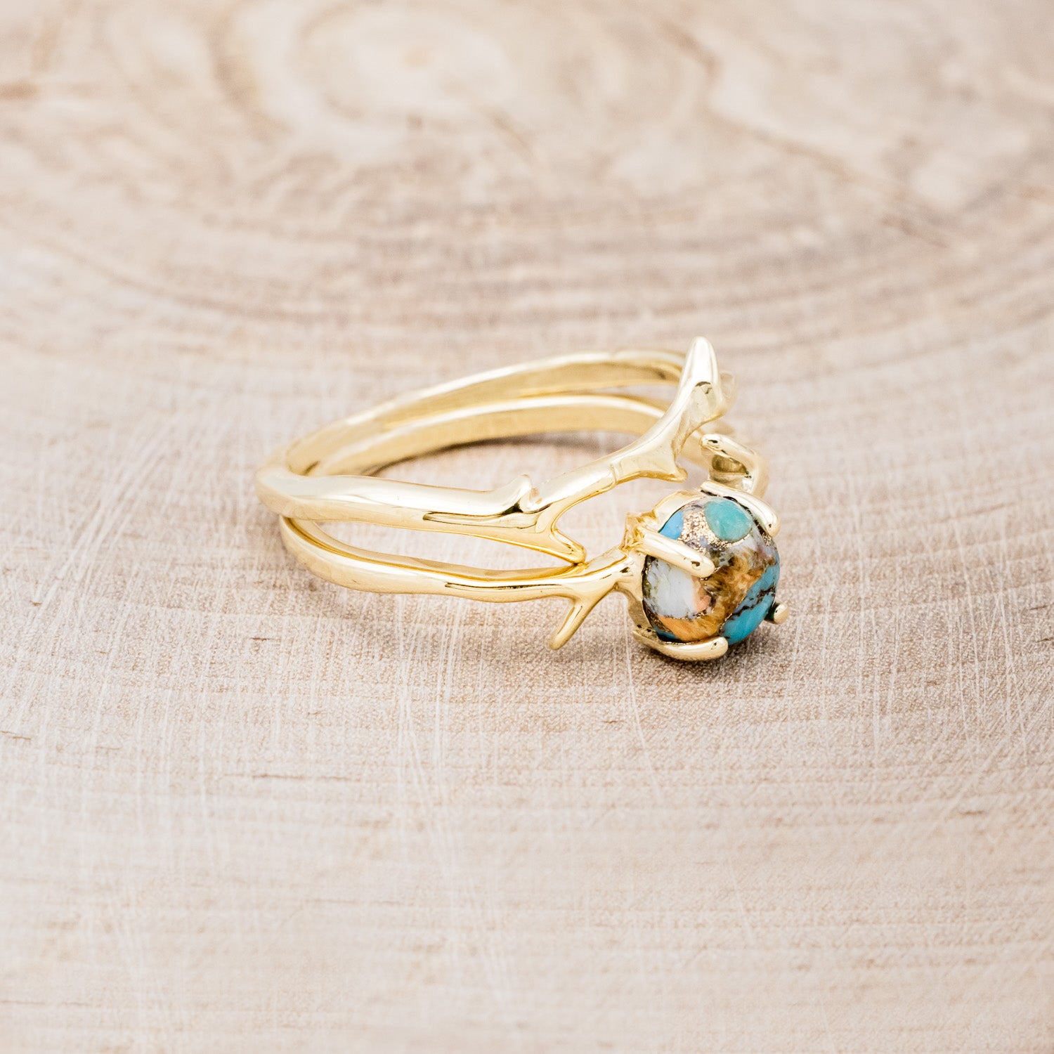 "ARTEMIS" - ROUND CUT SPINY OYSTER TURQUOISE ENGAGEMENT RING WITH AN ANTLER-STYLE STACKING BAND-2