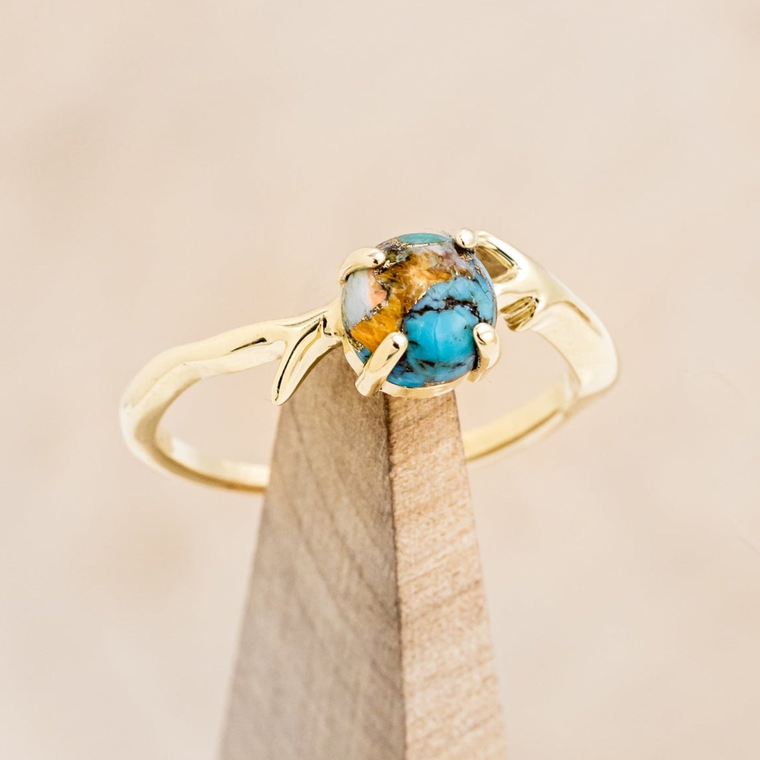 "ARTEMIS" - ROUND CUT SPINY OYSTER TURQUOISE ENGAGEMENT RING WITH AN ANTLER-STYLE STACKING BAND-7