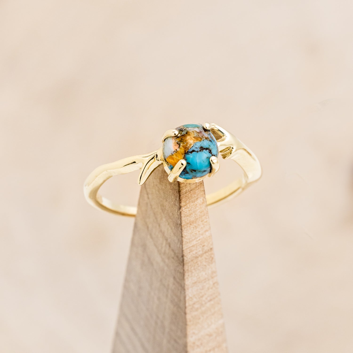 "ARTEMIS" - ROUND CUT SPINY OYSTER TURQUOISE ENGAGEMENT RING WITH AN ANTLER-STYLE STACKING BAND-7