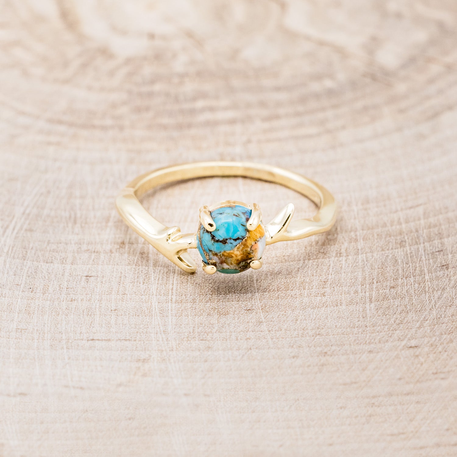"ARTEMIS" - ROUND CUT SPINY OYSTER TURQUOISE ENGAGEMENT RING WITH AN ANTLER-STYLE STACKING BAND-10