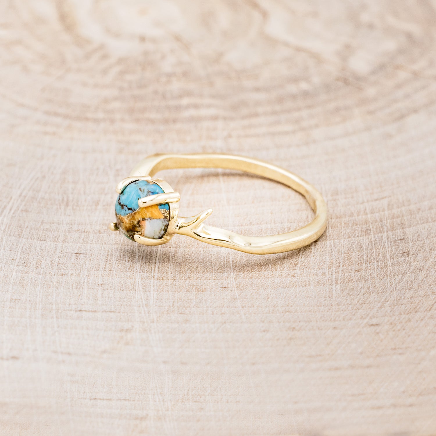"ARTEMIS" - ROUND CUT SPINY OYSTER TURQUOISE ENGAGEMENT RING WITH AN ANTLER-STYLE STACKING BAND-9