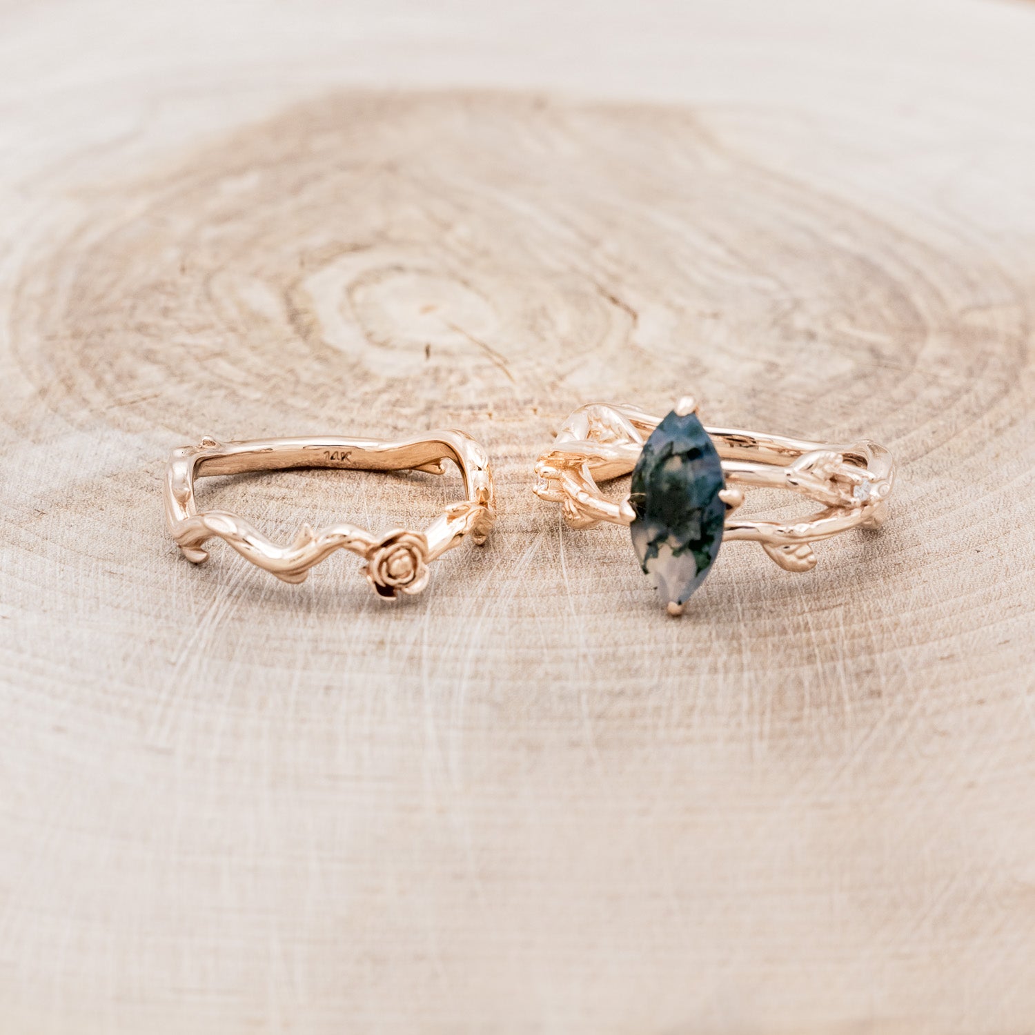 "ARTEMIS ON THE VINE" - MARQUISE CUT MOSS AGATE ENGAGEMENT RING WITH DIAMOND ACCENTS & "BRIAR" BRANCH-STYLE TRACER-5