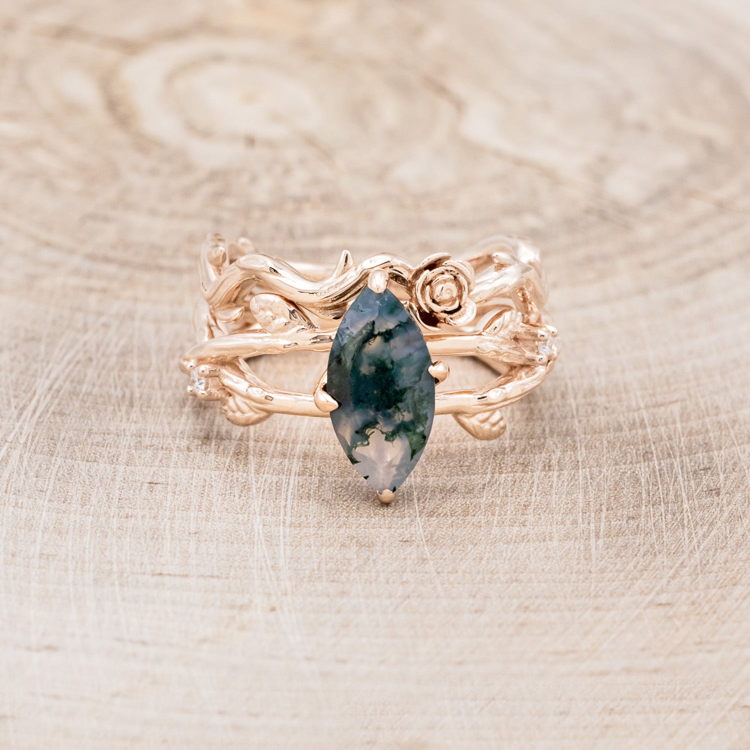 "ARTEMIS ON THE VINE" - MARQUISE CUT MOSS AGATE ENGAGEMENT RING WITH DIAMOND ACCENTS & "BRIAR" BRANCH-STYLE TRACER-4