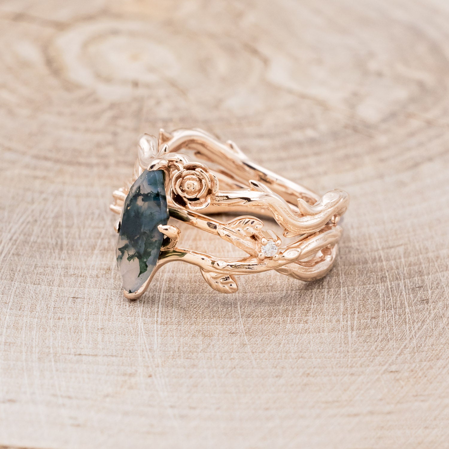 "ARTEMIS ON THE VINE" - MARQUISE CUT MOSS AGATE ENGAGEMENT RING WITH DIAMOND ACCENTS & "BRIAR" BRANCH-STYLE TRACER-3