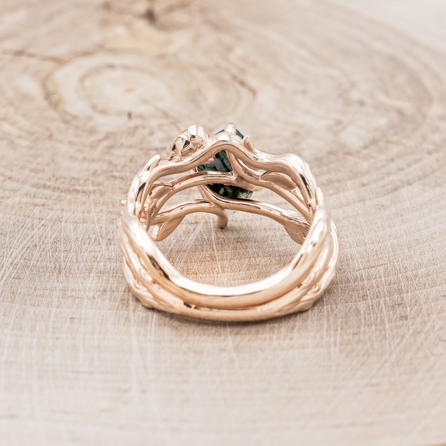 "ARTEMIS ON THE VINE" - MARQUISE CUT MOSS AGATE ENGAGEMENT RING WITH DIAMOND ACCENTS & "BRIAR" BRANCH-STYLE TRACER-6