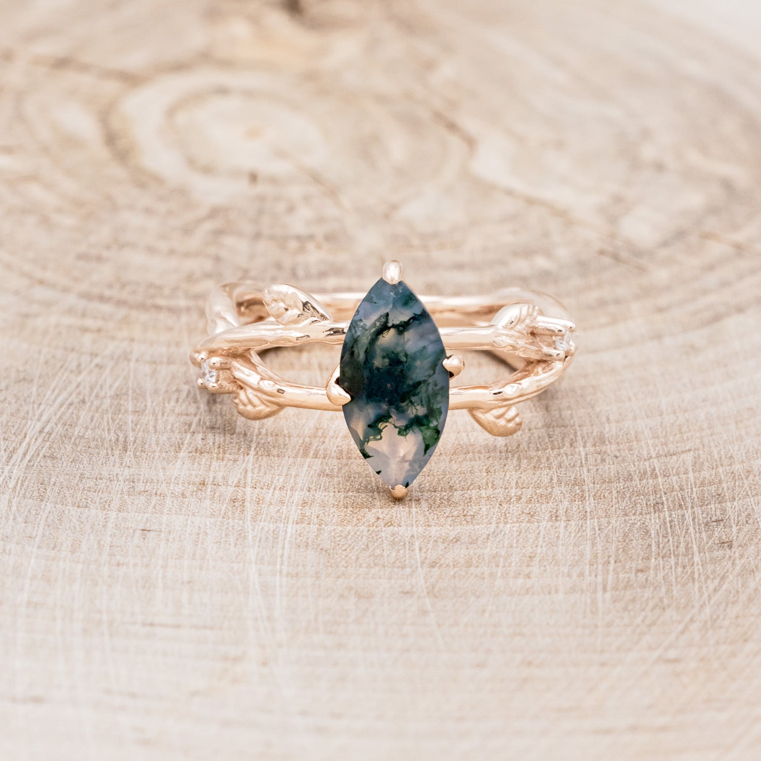 "ARTEMIS ON THE VINE" - MARQUISE CUT MOSS AGATE ENGAGEMENT RING WITH DIAMOND ACCENTS & "BRIAR" BRANCH-STYLE TRACER-10