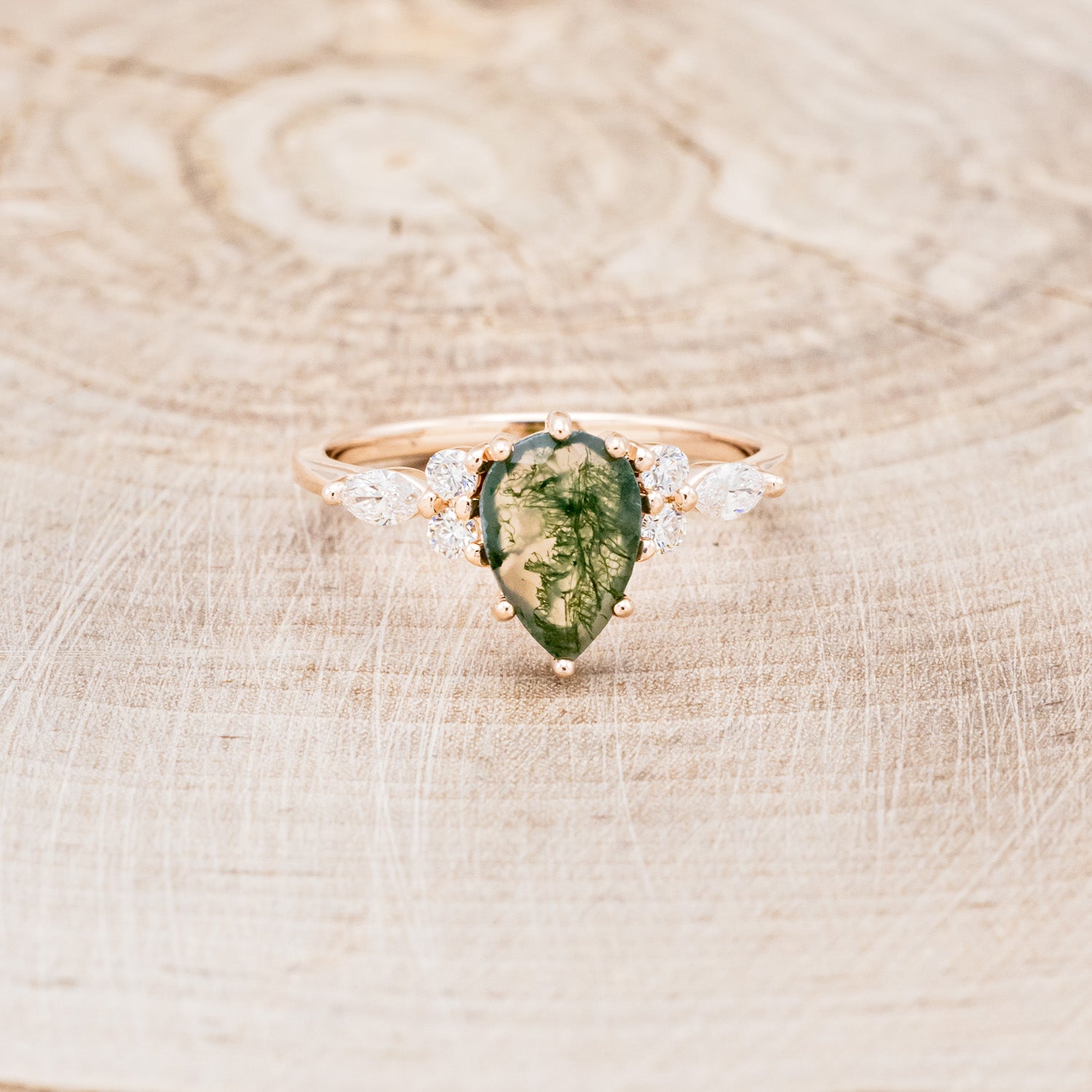"SAGE" - PEAR-SHAPED MOSS AGATE ENGAGEMENT RING WITH DIAMOND ACCENTS-4