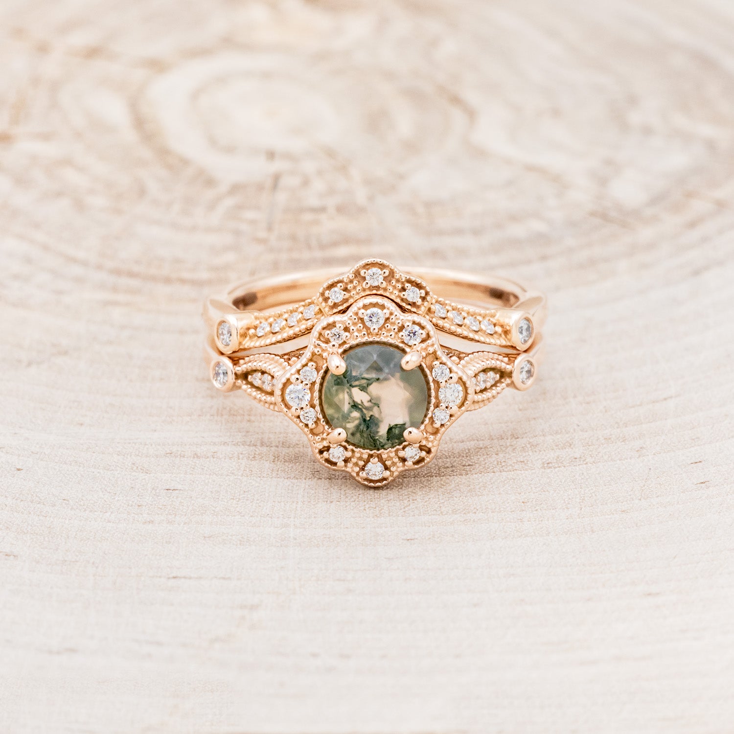 "EILEEN" - ROUND CUT MOSS AGATE ENGAGEMENT RING WITH DIAMOND ACCENTS & TRACER-4