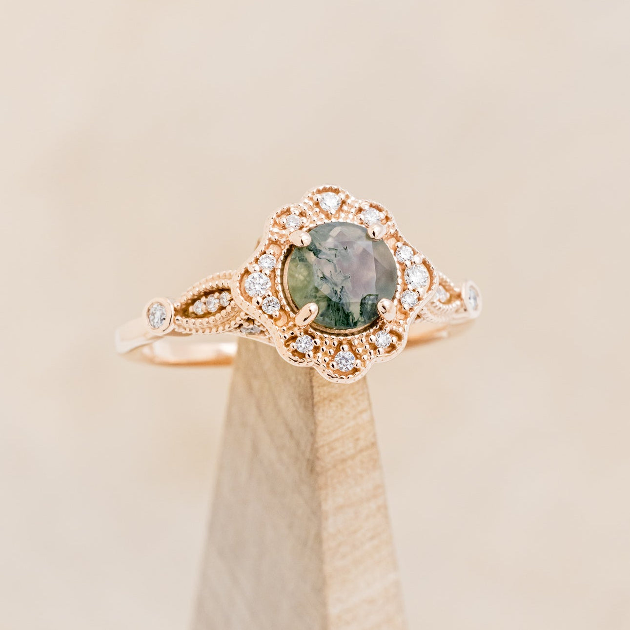 "EILEEN" - ROUND CUT MOSS AGATE ENGAGEMENT RING WITH DIAMOND ACCENTS & TRACER-7
