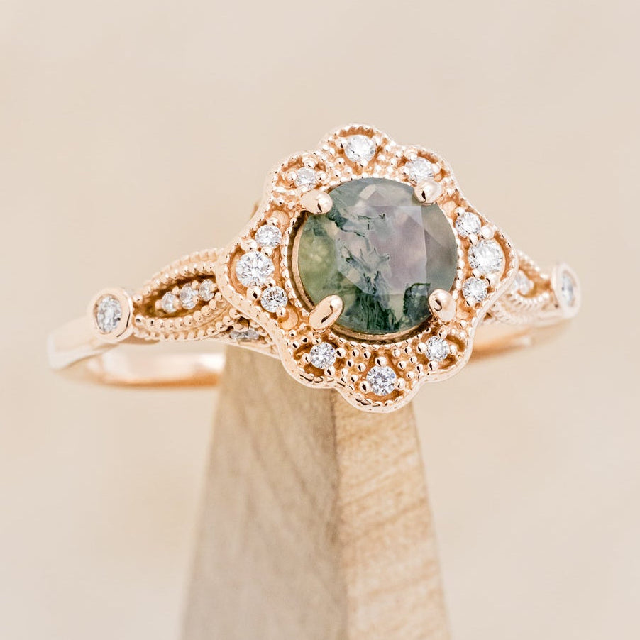 "EILEEN" - ROUND CUT MOSS AGATE ENGAGEMENT RING WITH DIAMOND ACCENTS & TRACER-7