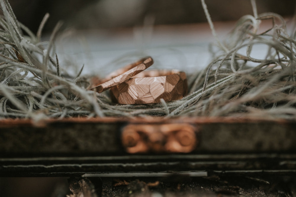 MATCHING SET OF FACETED WEDDING RINGS FEATURING TEXTURED 14K GOLD BANDS-20