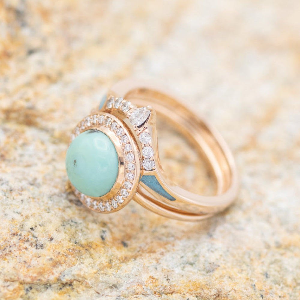 "TERRA" - BRIDAL SUITE - ROUND CUT TURQUOISE ENGAGEMENT RING WITH DIAMOND HALO & TRACERS-4