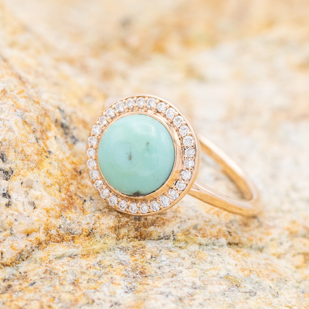 "TERRA" - BRIDAL SUITE - ROUND CUT TURQUOISE ENGAGEMENT RING WITH DIAMOND HALO & TRACERS-9