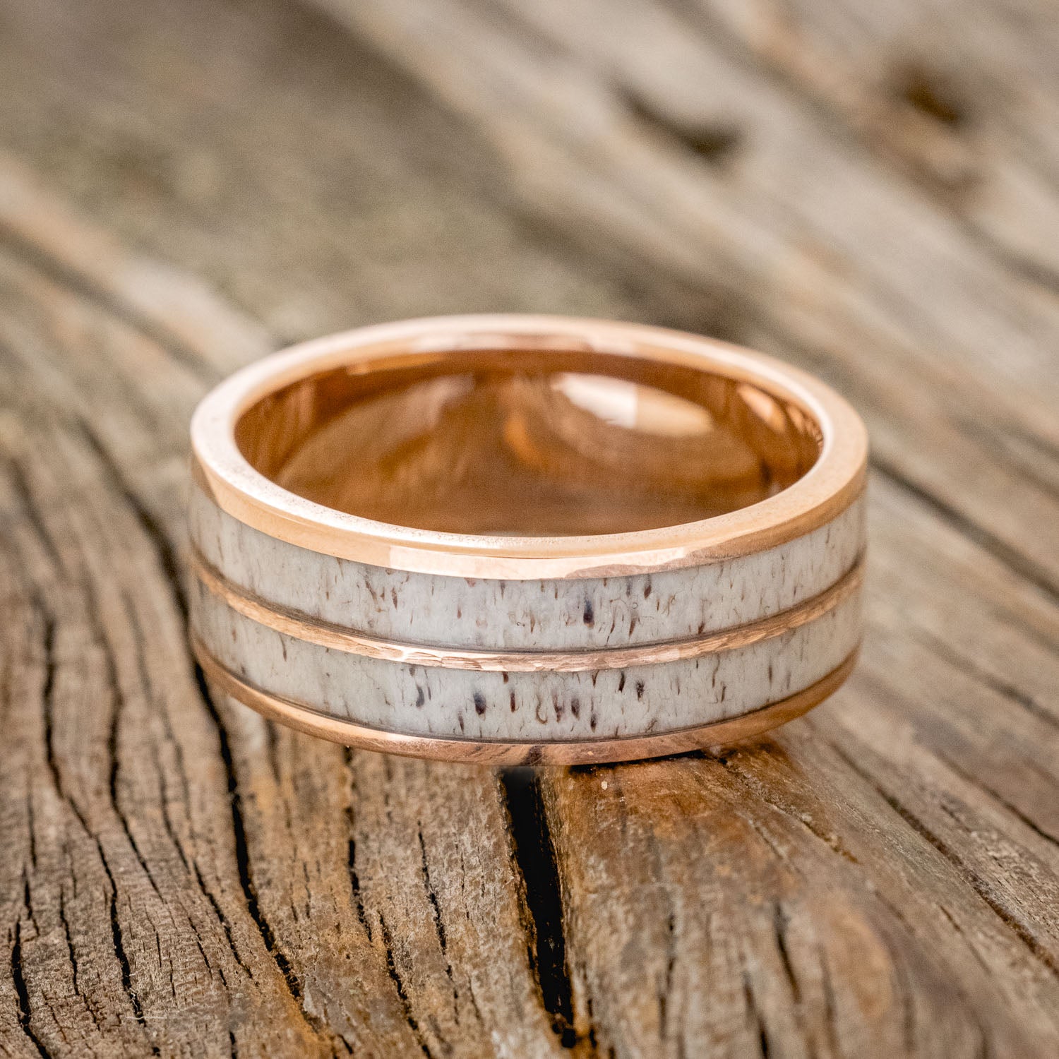 "DYAD" - ANTLER & HAMMERED 14K GOLD INLAY WEDDING RING-3