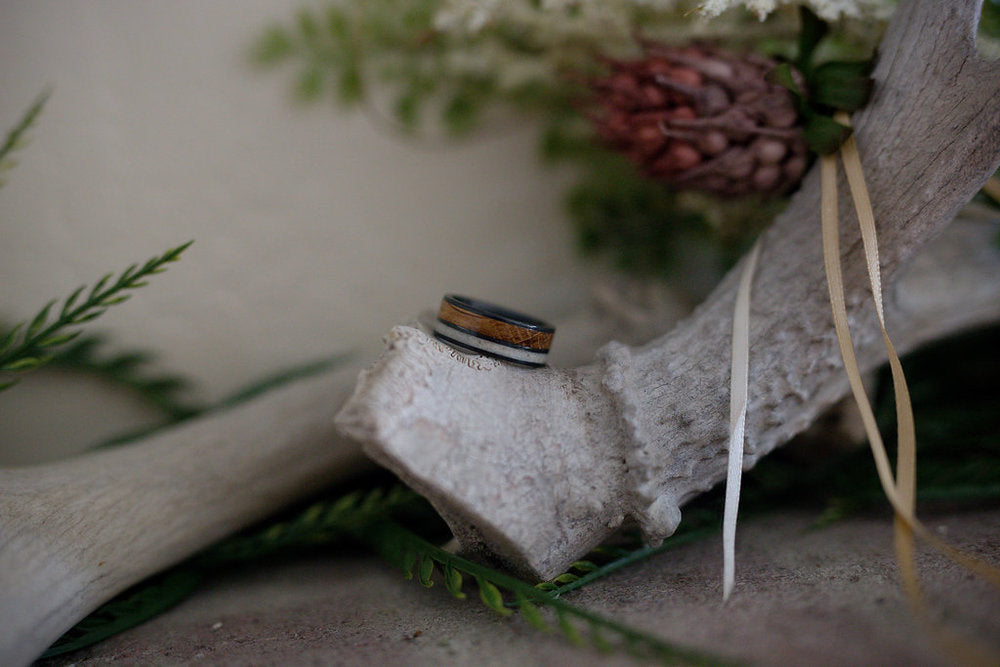 "RAPTOR" - WHISKEY BARREL OAK & ELK ANTLER WEDDING BAND - READY TO SHIP-7