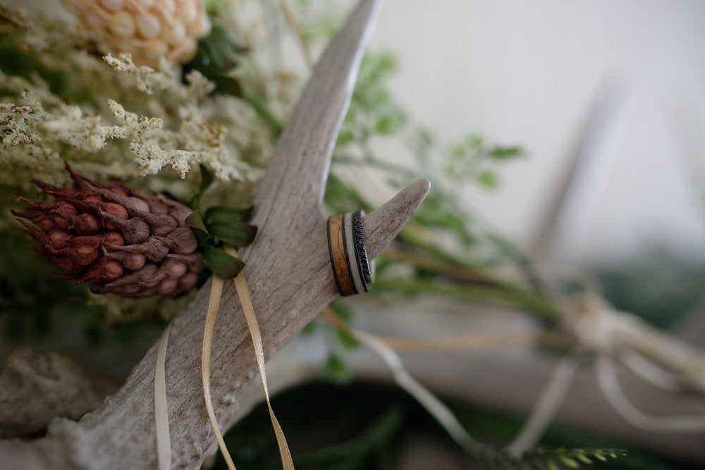 "RAPTOR" - WHISKEY BARREL OAK & ELK ANTLER WEDDING BAND-12