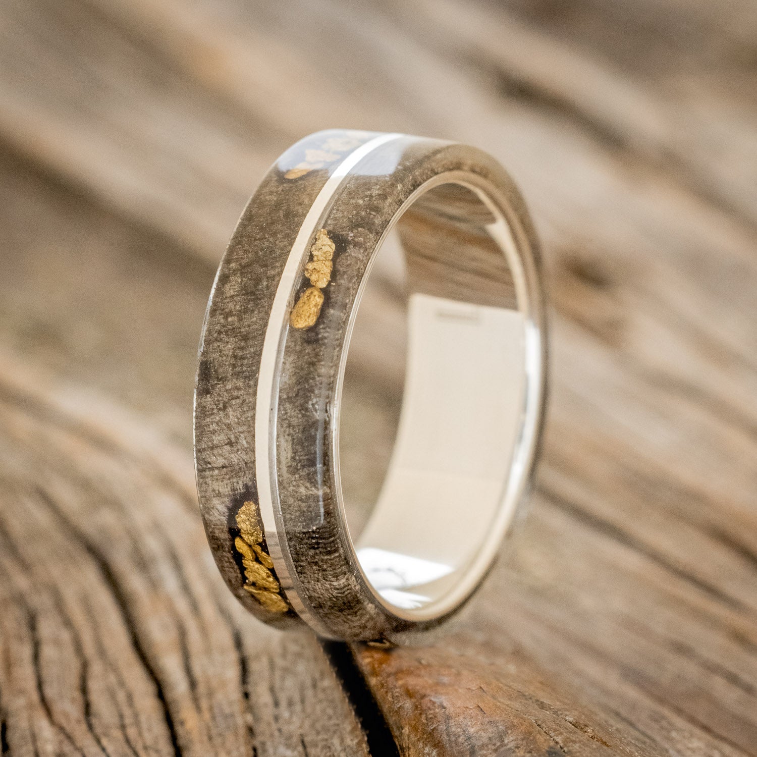 "GOLDEN" - BUCKEYE BURL WOOD & ALASKAN PANNED GOLD NUGGETS WEDDING RING-11