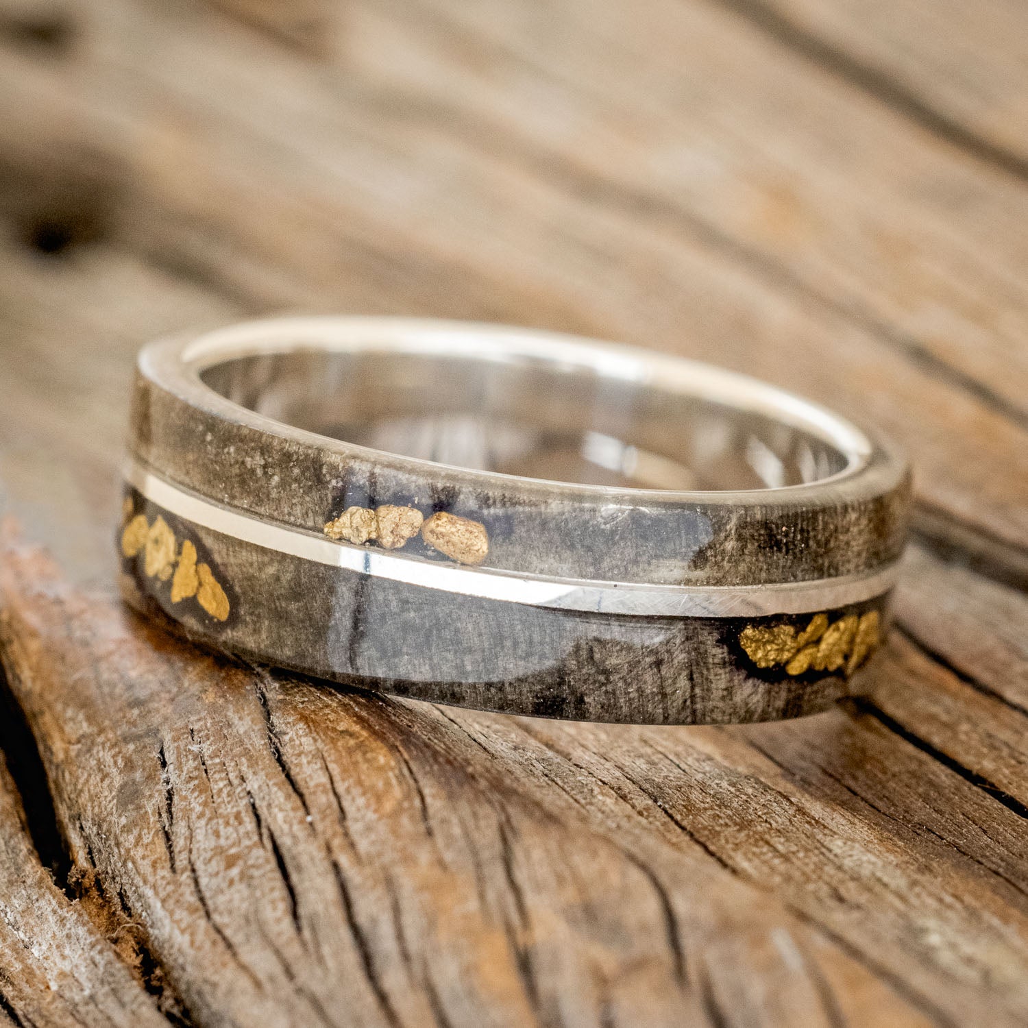 "GOLDEN" - BUCKEYE BURL WOOD & ALASKAN PANNED GOLD NUGGETS WEDDING RING-13