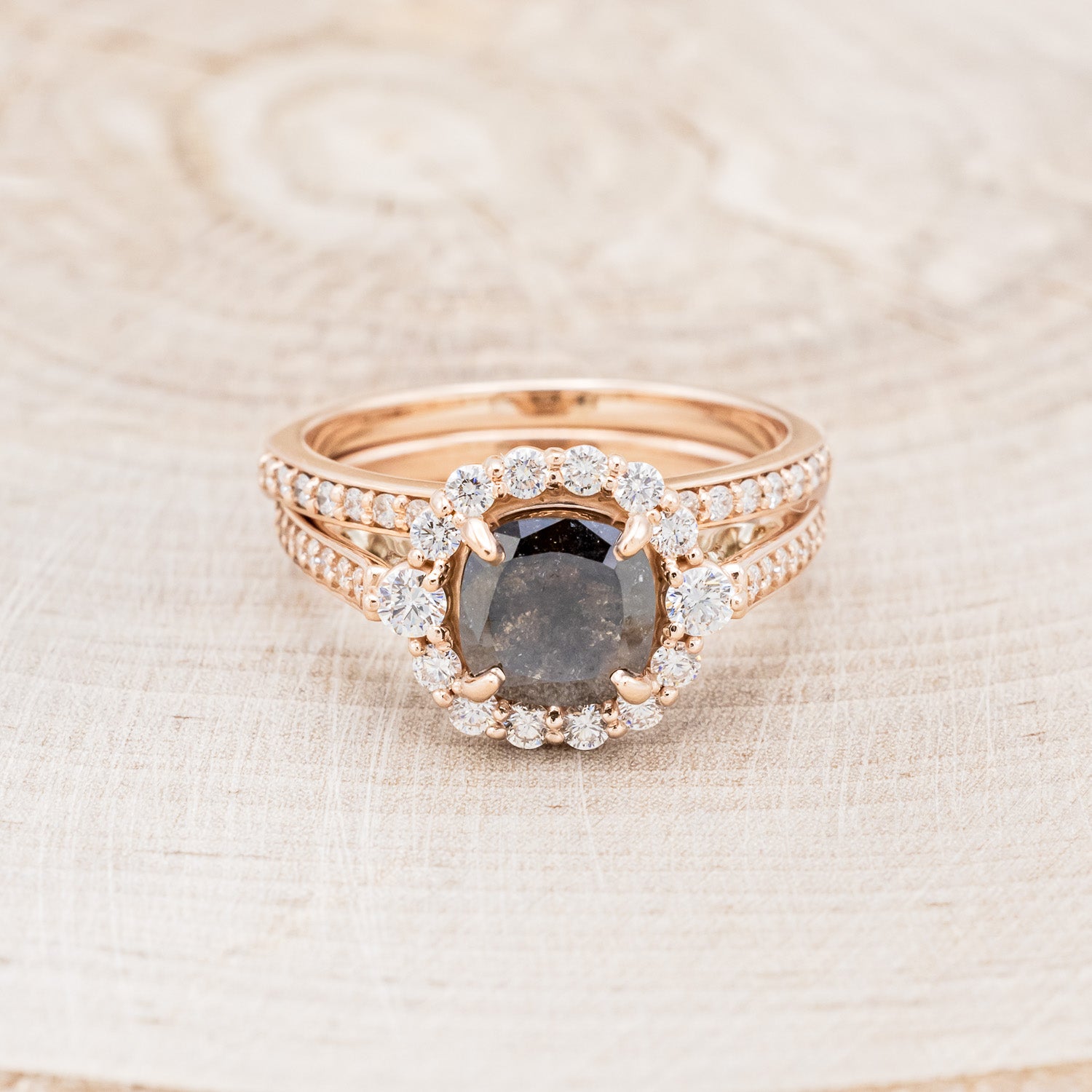 "OPHELIA" - CUSHION CUT SALT & PEPPER DIAMOND ENGAGEMENT RING WITH "STELLA" STACKING BAND-4