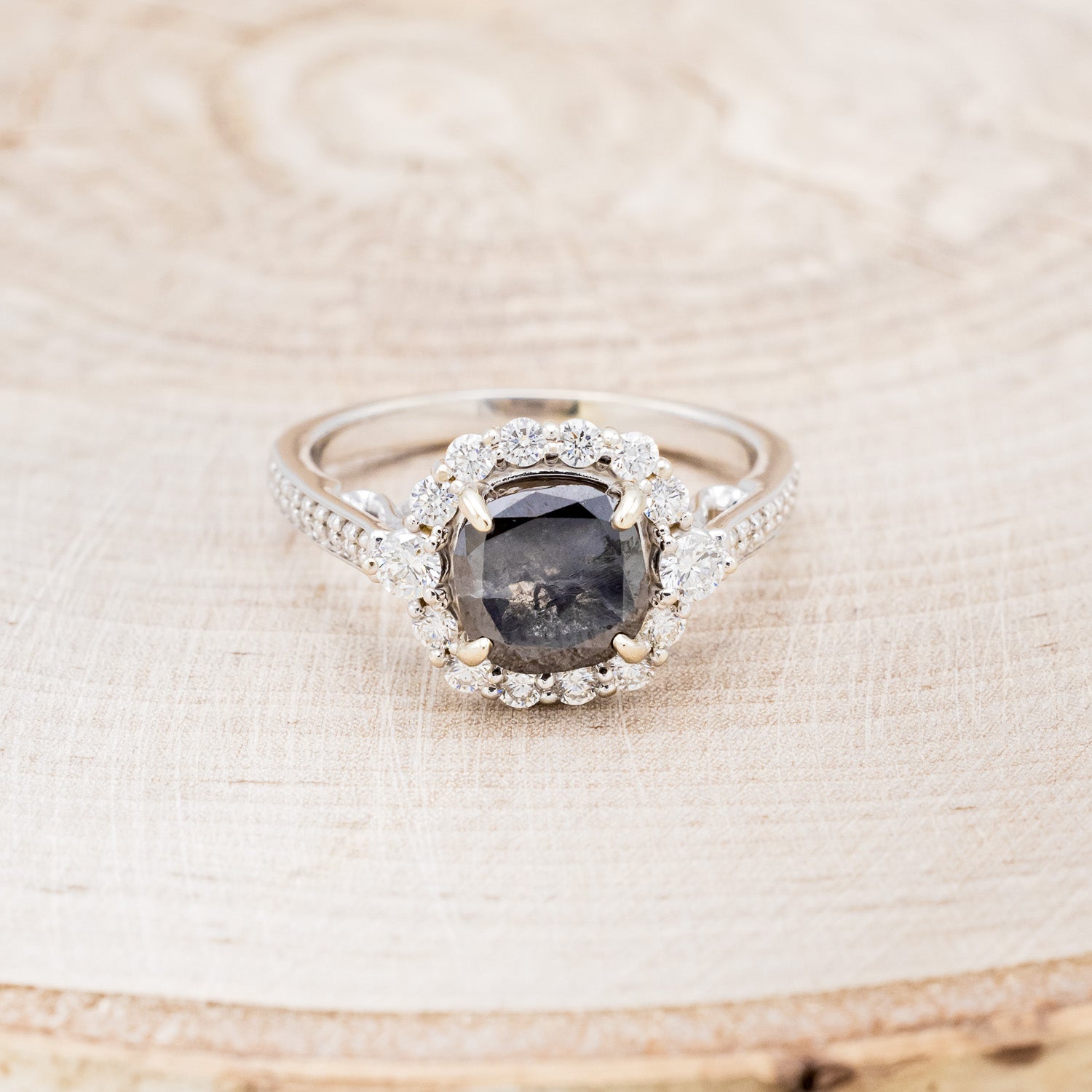 "OPHELIA" - CUSHION CUT SALT & PEPPER DIAMOND ENGAGEMENT RING WITH "STELLA" STACKING BAND-15