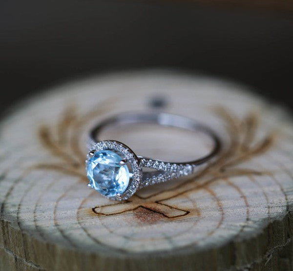 Aura - Birthstone Ring with A Sky Blue Topaz Center Stone with Diamond Halo & Accents - Ready to Ship