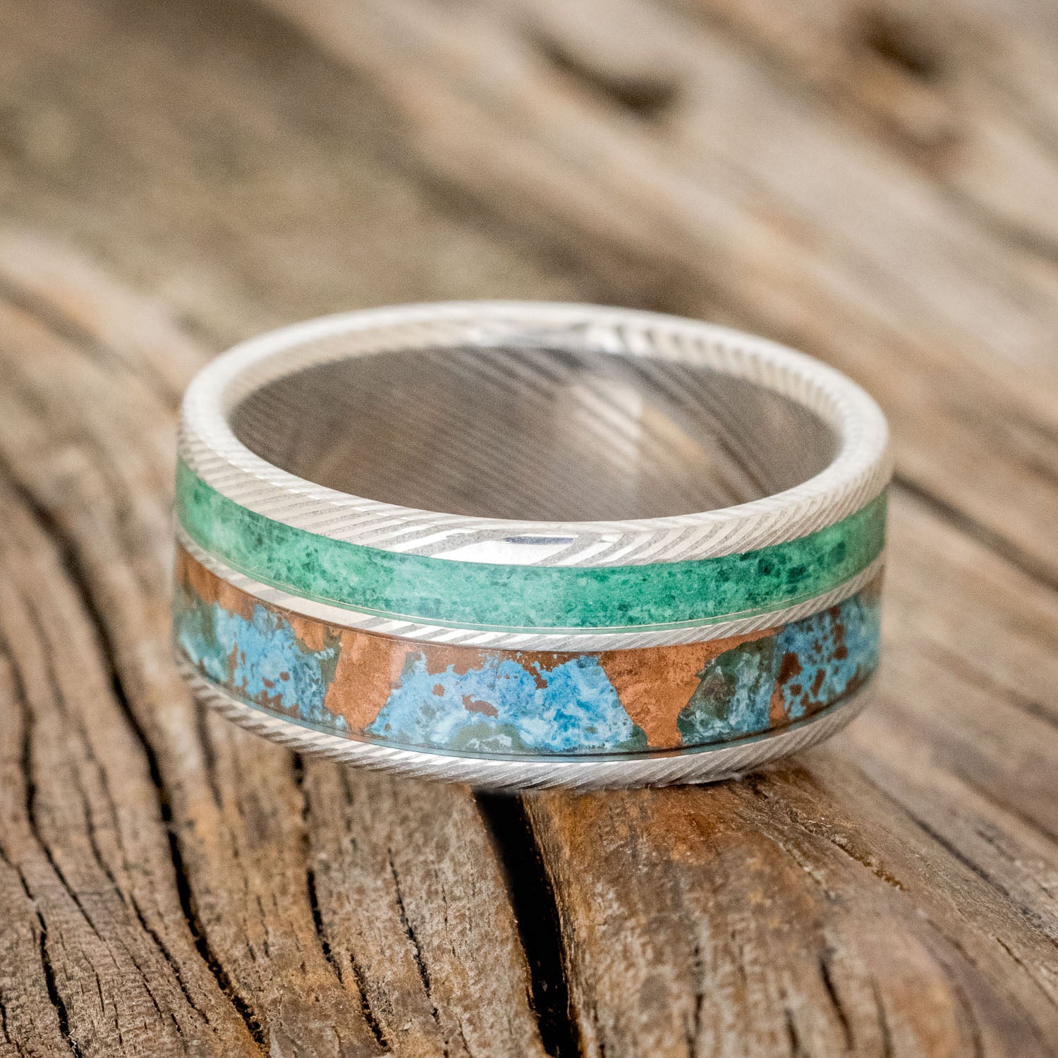 "RAPTOR" - PATINA COPPER & MALACHITE WEDDING BAND - READY TO SHIP-8