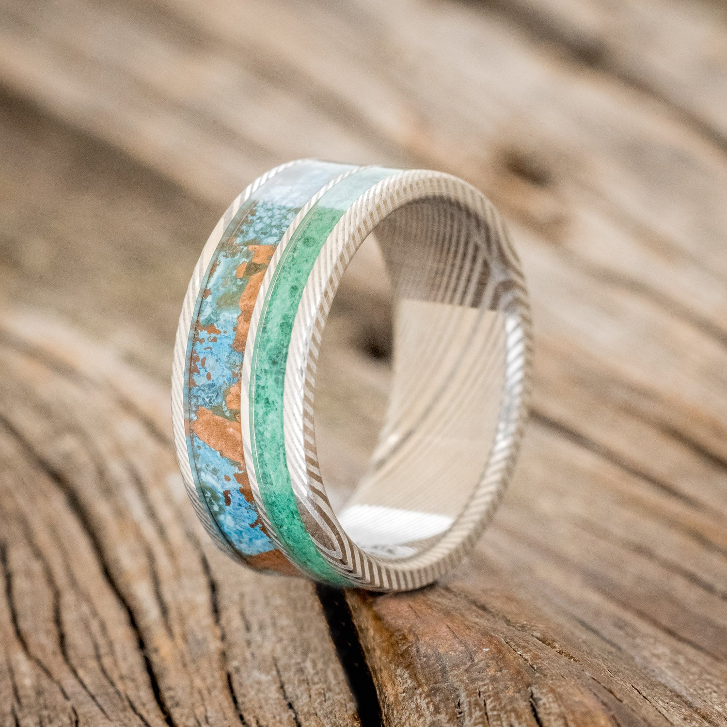 "RAPTOR" - PATINA COPPER & MALACHITE WEDDING BAND-7