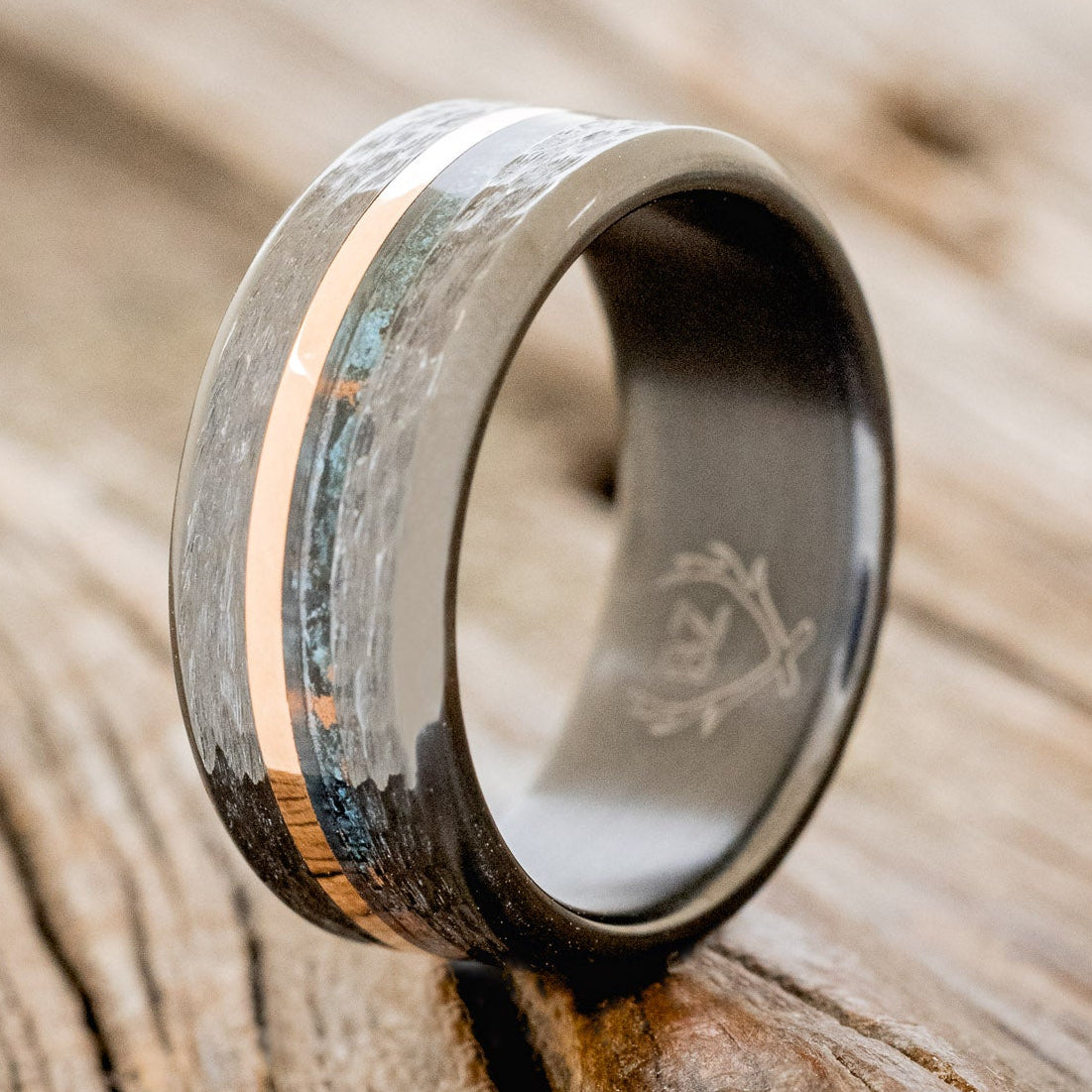 "ASHER" - CENTERED PATINA COPPER & 14K GOLD INLAY WEDDING BAND WITH HAMMERED FINISH-4