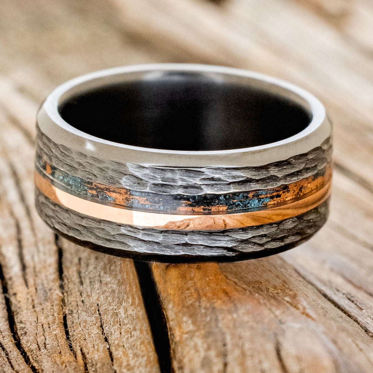 "ASHER" - CENTERED PATINA COPPER & 14K GOLD INLAY WEDDING BAND WITH HAMMERED FINISH-6