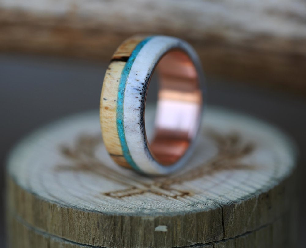 "ARGOS" - SPALTED MAPLE, TURQUOISE & ANTLER WEDDING BAND-4