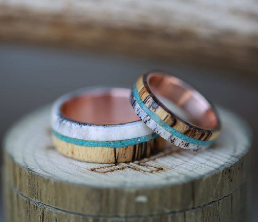 "ARGOS" - SPALTED MAPLE, TURQUOISE & ANTLER WEDDING BAND-5