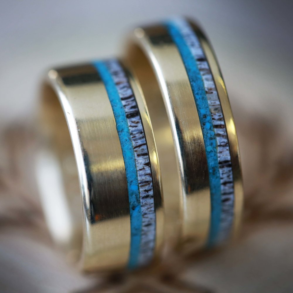 "CASTOR" - MATCHING SET OF TURQUOISE & ANTLER WEDDING BANDS-2