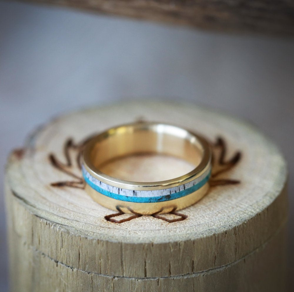 "CASTOR" - MATCHING SET OF TURQUOISE & ANTLER WEDDING BANDS-8