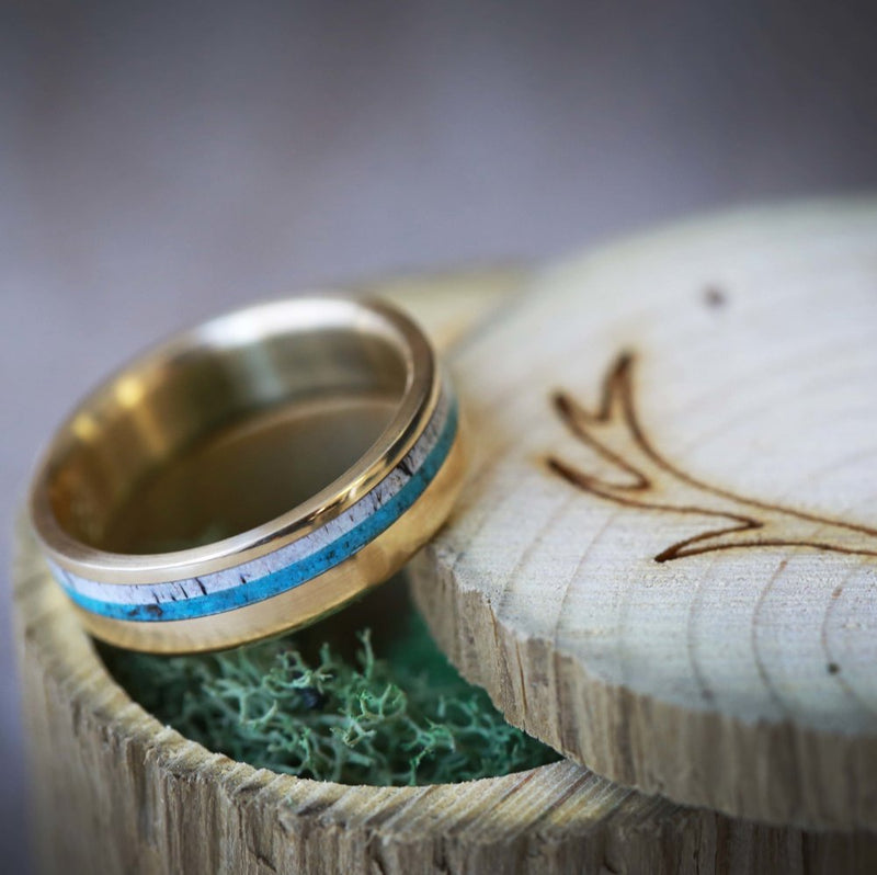 MATCHING 14K GOLD BANDS WITH TURQUOISE AND ANTLER INLAYS (available in 14K white, rose or yellow gold) - Staghead Designs - Antler Rings By Staghead Designs