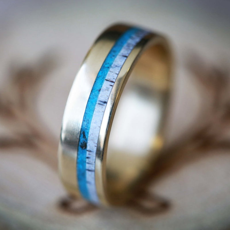 MATCHING 14K GOLD BANDS WITH TURQUOISE AND ANTLER INLAYS (available in 14K white, rose or yellow gold) - Staghead Designs - Antler Rings By Staghead Designs