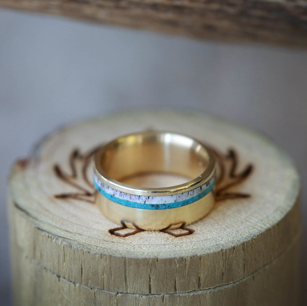 "CASTOR" - MATCHING SET OF TURQUOISE & ANTLER WEDDING BANDS-6