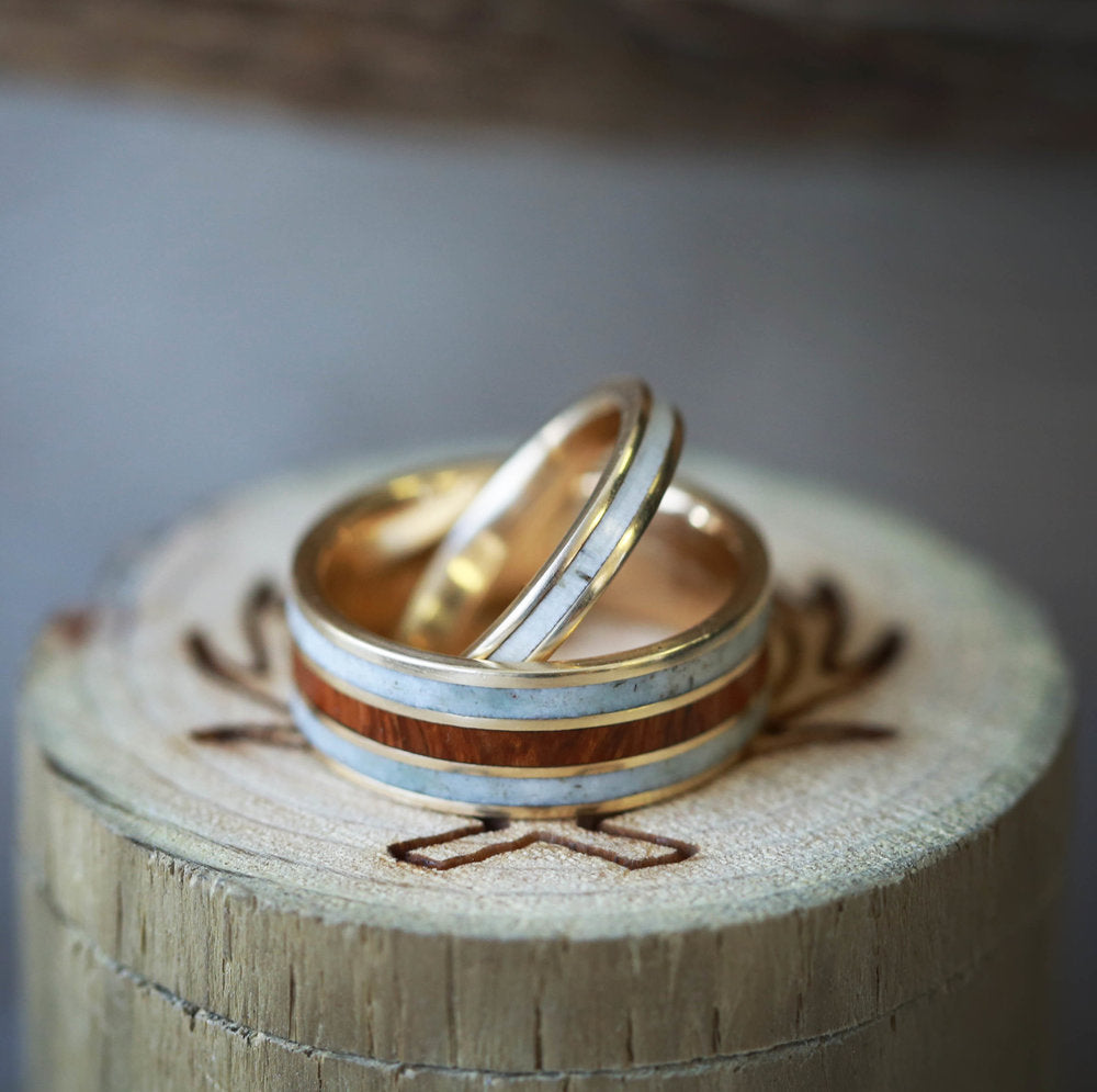 "RIO" - MATCHING SET IRONWOOD & ANTLER WEDDING RINGS FEATURING 14K GOLD BANDS-10