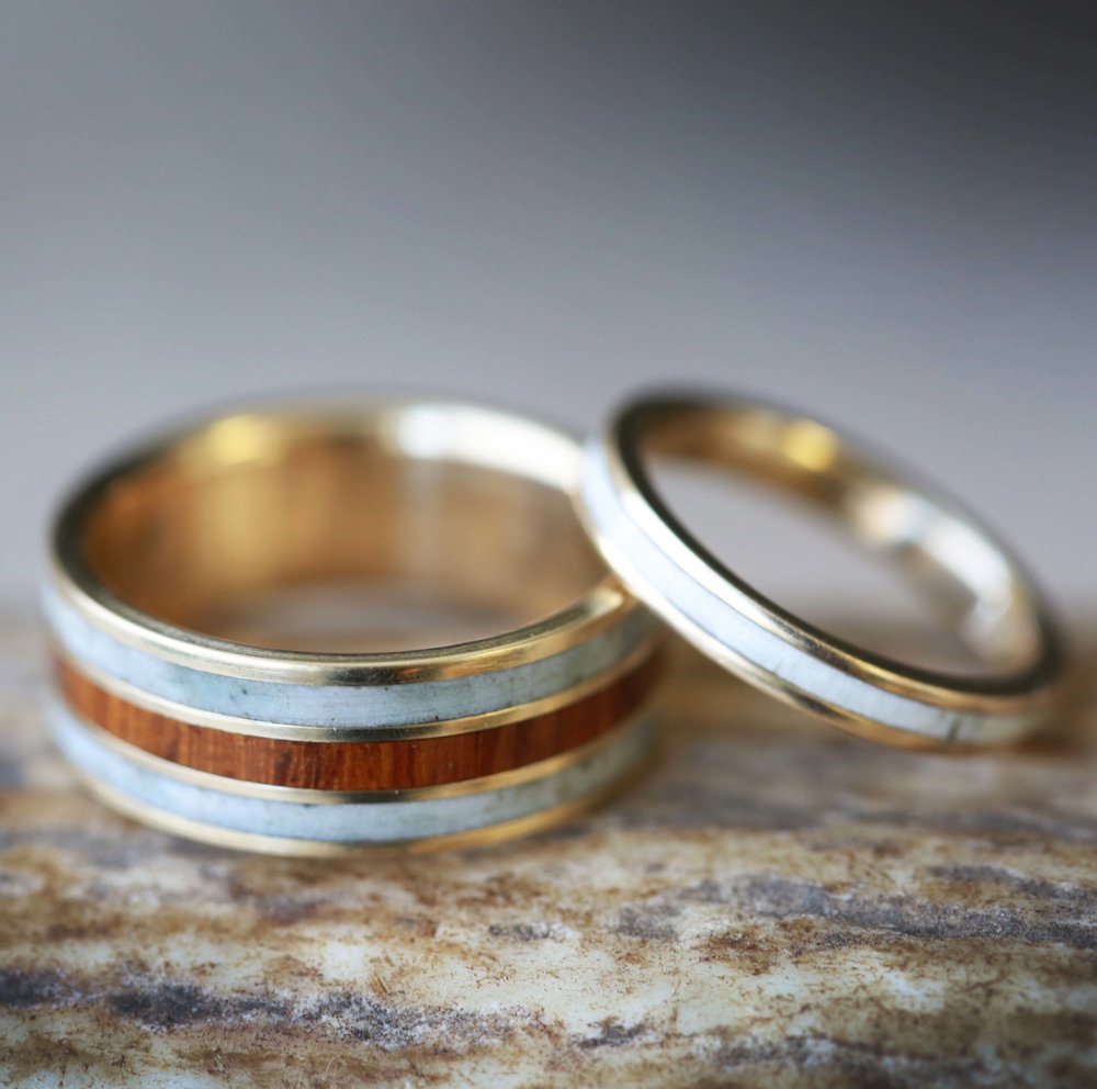 "RIO" - MATCHING SET IRONWOOD & ANTLER WEDDING RINGS FEATURING 14K GOLD BANDS-11