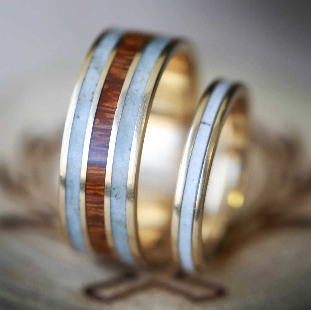 "RIO" - MATCHING SET IRONWOOD & ANTLER WEDDING RINGS FEATURING 14K GOLD BANDS-9