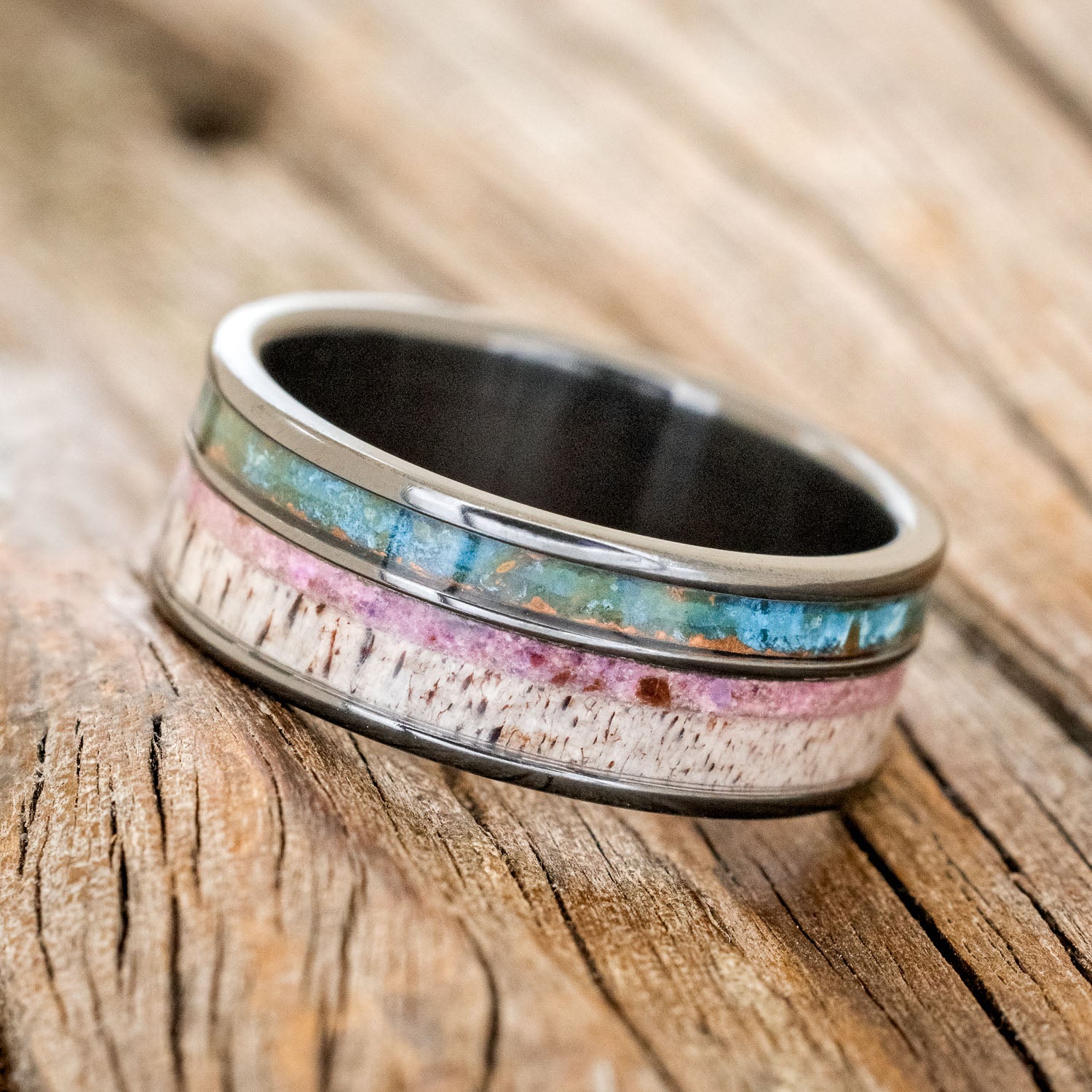 "ELEMENT" - CHAROITE, PATINA COPPER & ANTLER WEDDING BAND-5