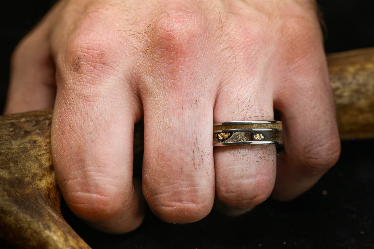 "RAPTOR" - WHISKEY BARREL LINED WEDDING RING WITH GOLD NUGGETS IN BUCKEYE BURL WOOD & A SPALTED MAPLE INLAY-19