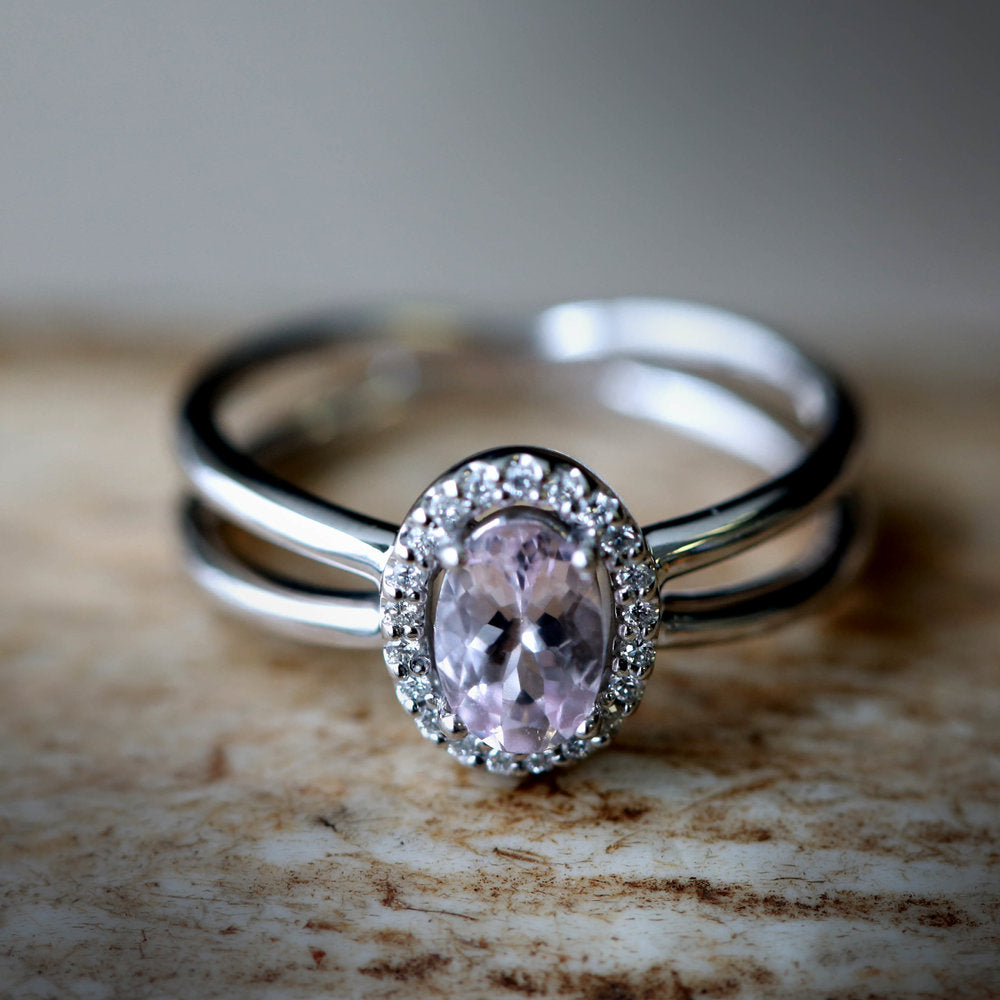 "FRENCHY" - OVAL MORGANITE ENGAGEMENT RING WITH DIAMOND HALO-9