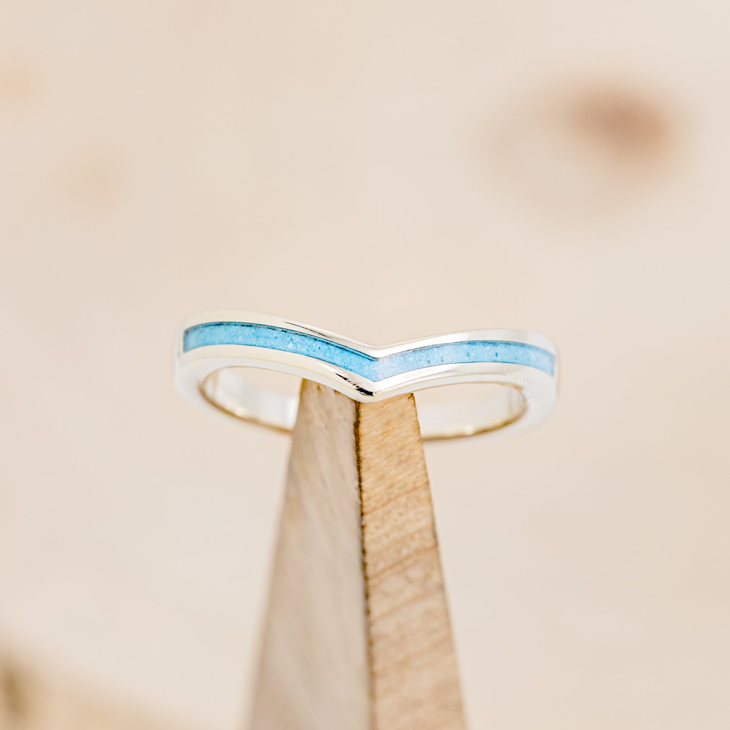 "KIDA" - V-SHAPE STACKING WEDDING BAND WITH TURQUOISE INLAY-12