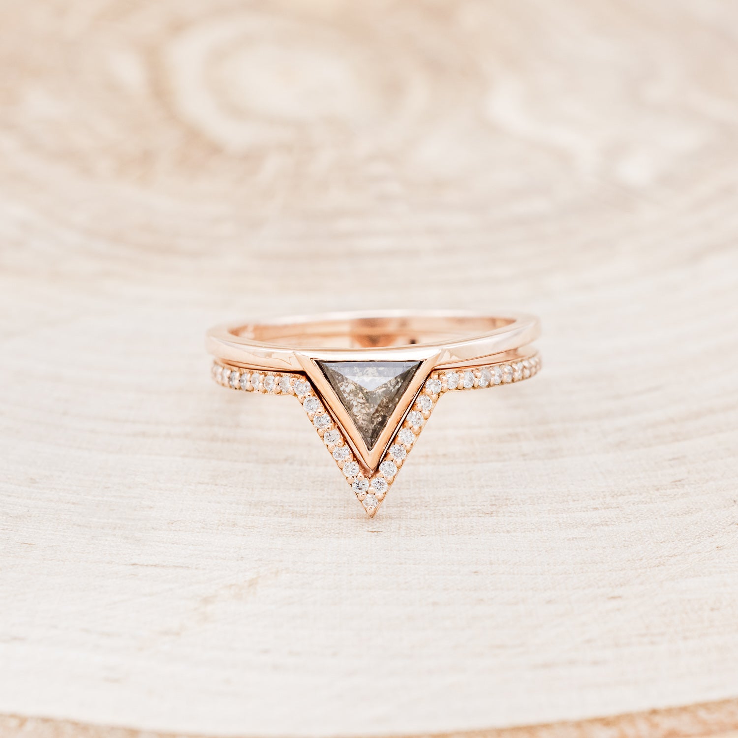 "THE POWER COUPLE" - MATCHING SET OF TRIANGLE SHAPED SALT & PEPPER DIAMOND WEDDING RINGS-4