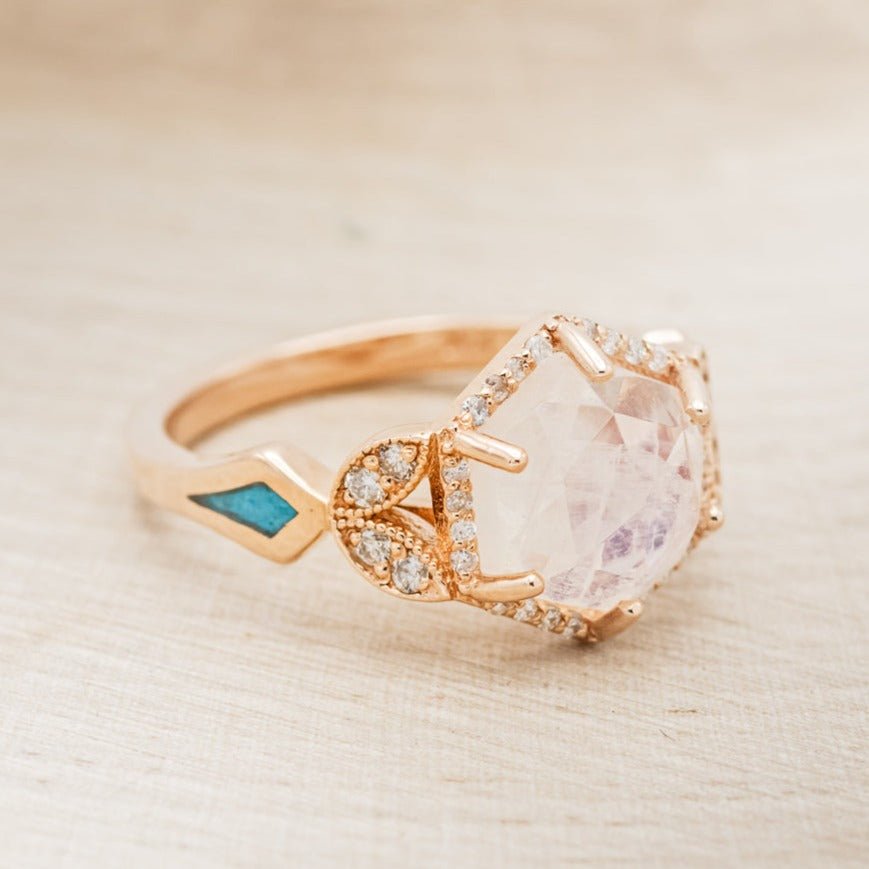 "LUCY IN THE SKY" - FACETED HEXAGON MOONSTONE ENGAGEMENT RING WITH DIAMOND HALO & TURQUOISE INLAYS-2
