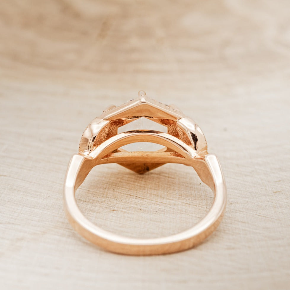 "LUCY IN THE SKY" - FACETED HEXAGON MOONSTONE ENGAGEMENT RING WITH DIAMOND HALO & TURQUOISE INLAYS-6